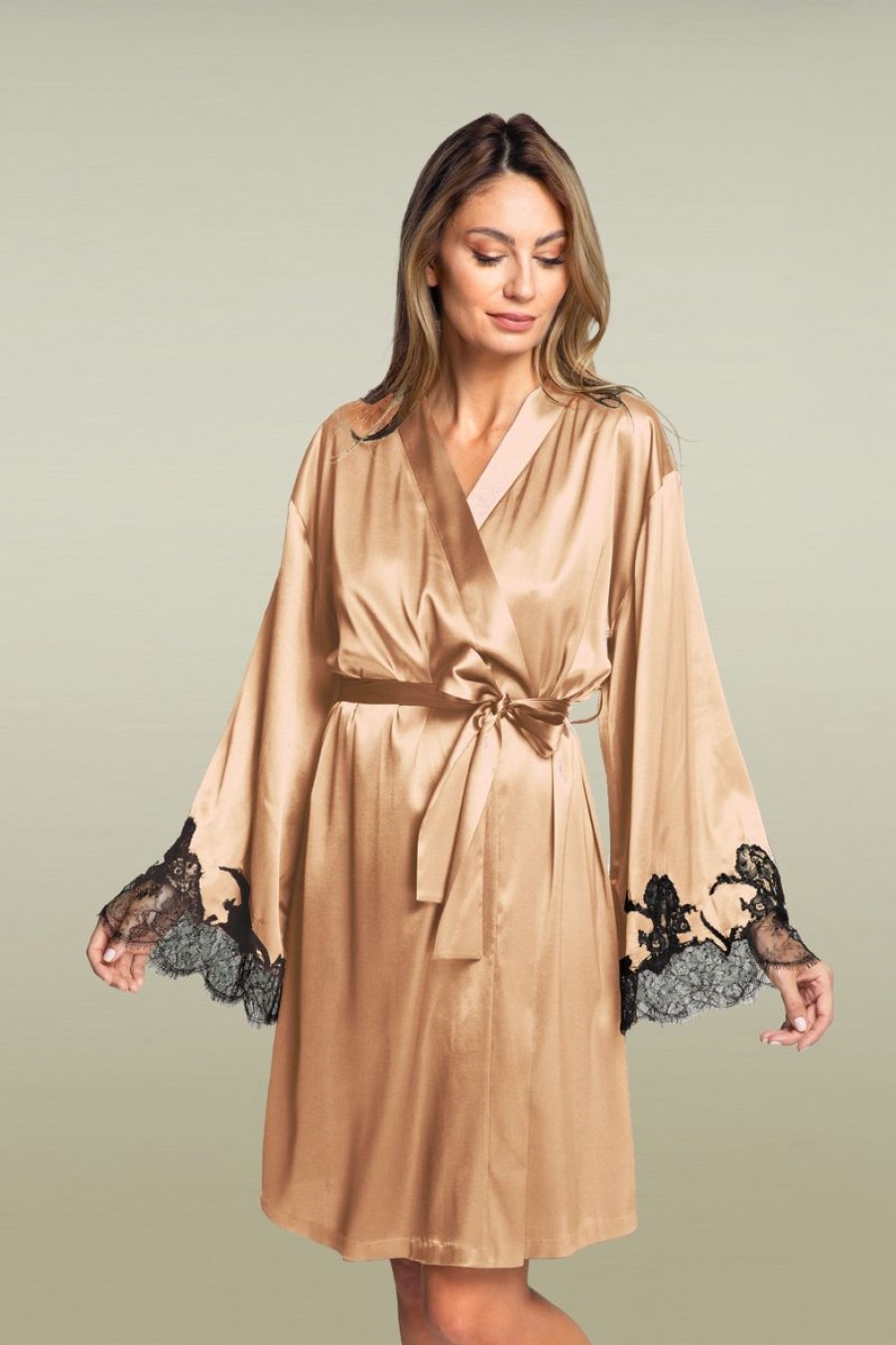 Loungewear I.D. Sarrieri | Victoria Mini Robe In Caramel/Black